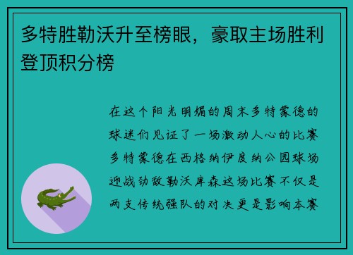 多特胜勒沃升至榜眼，豪取主场胜利登顶积分榜